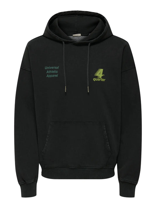 Sudadera negra estampada en la espalda con capucha