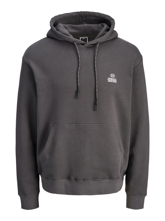 Sudadera gris estampada en la espalda con capucha