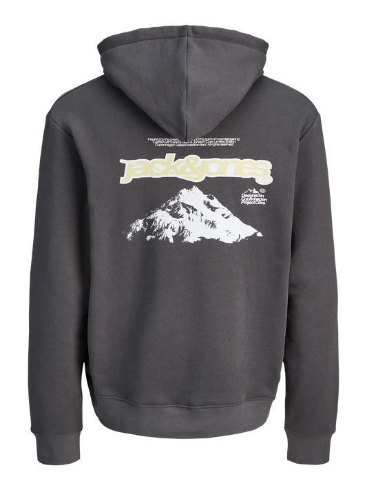 Sudadera gris estampada en la espalda con capucha