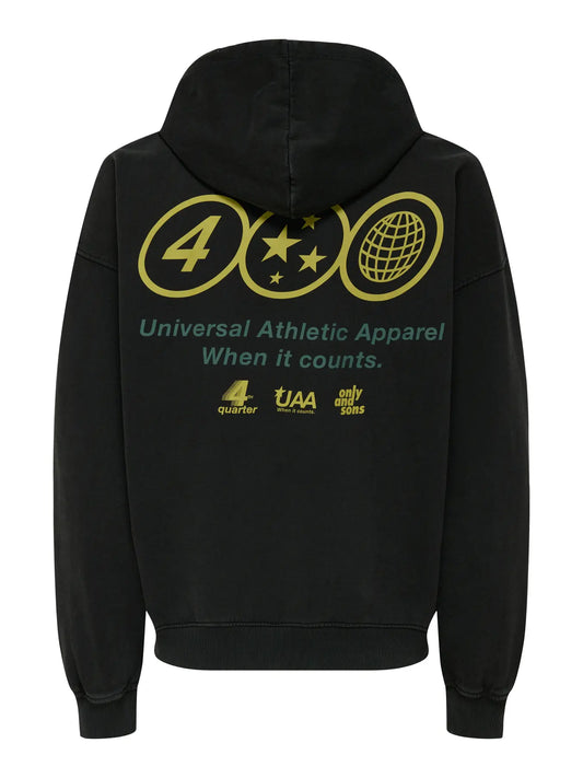 Sudadera negra estampada en la espalda con capucha