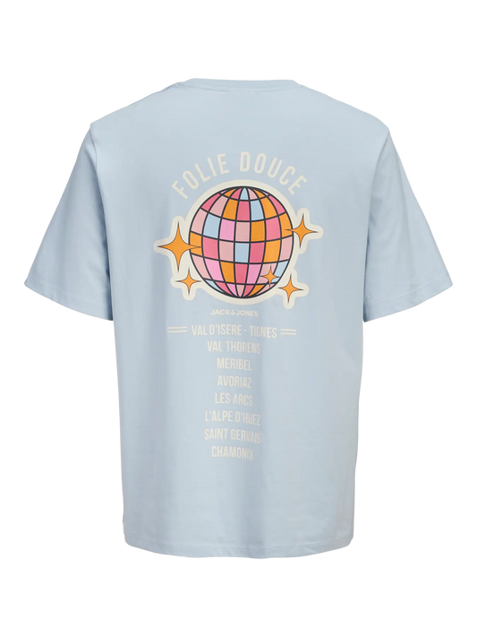 Camiseta Jorfolie azul estampada en la espalda